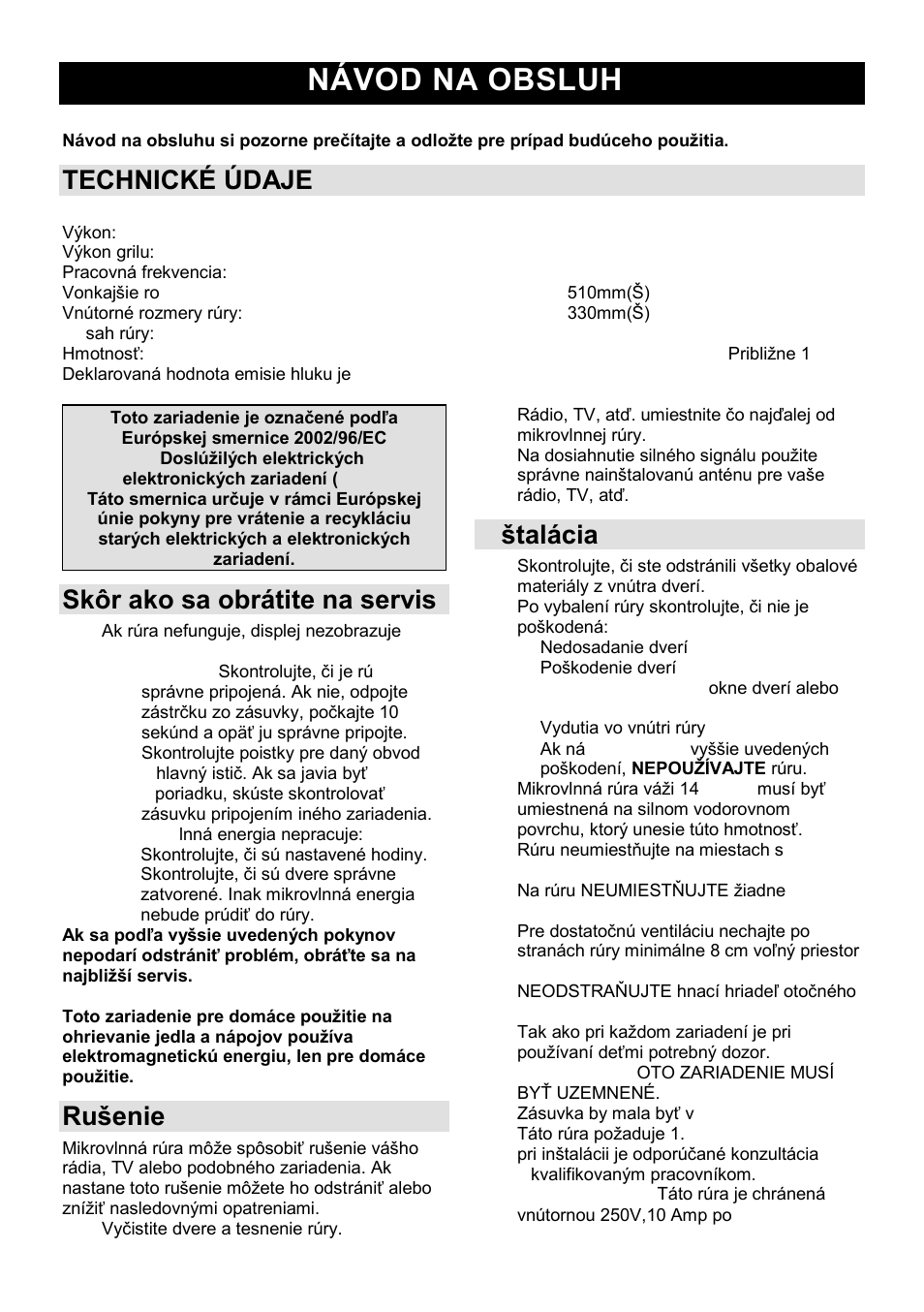 Návod na obsluhu sk, Technickç údaje, Skôr ako sa obrátite na servis | Ruńenie | Gorenje GMO-23 DGE User Manual | Page 84 / 168