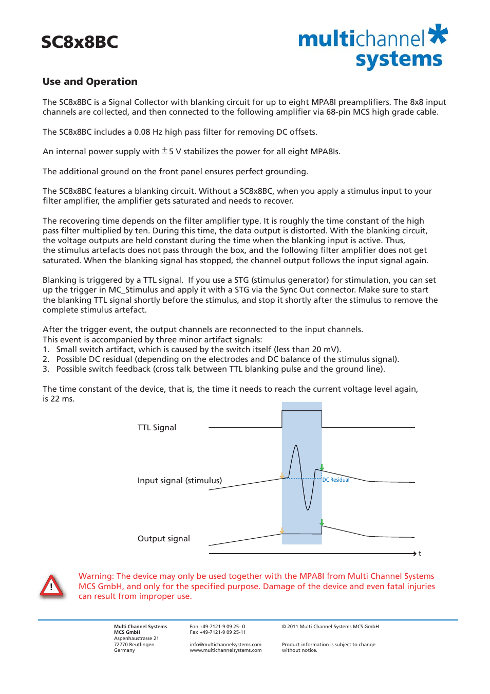 Sc8x8bc, Use and operation | Multichannel Systems SC8x8BC User Manual | Page 3 / 3