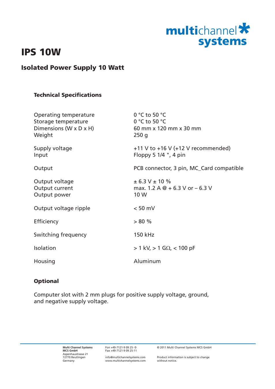 Multichannel Systems IPS10W User Manual | 1 page