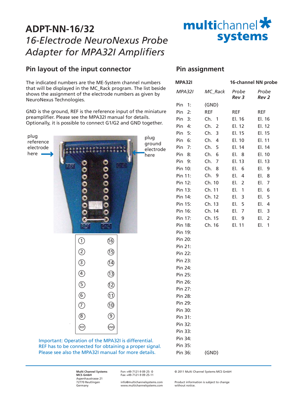 Pin layout of the input connector, Pin assignment | Multichannel Systems ADPT-NN-16-32 User Manual | Page 2 / 2
