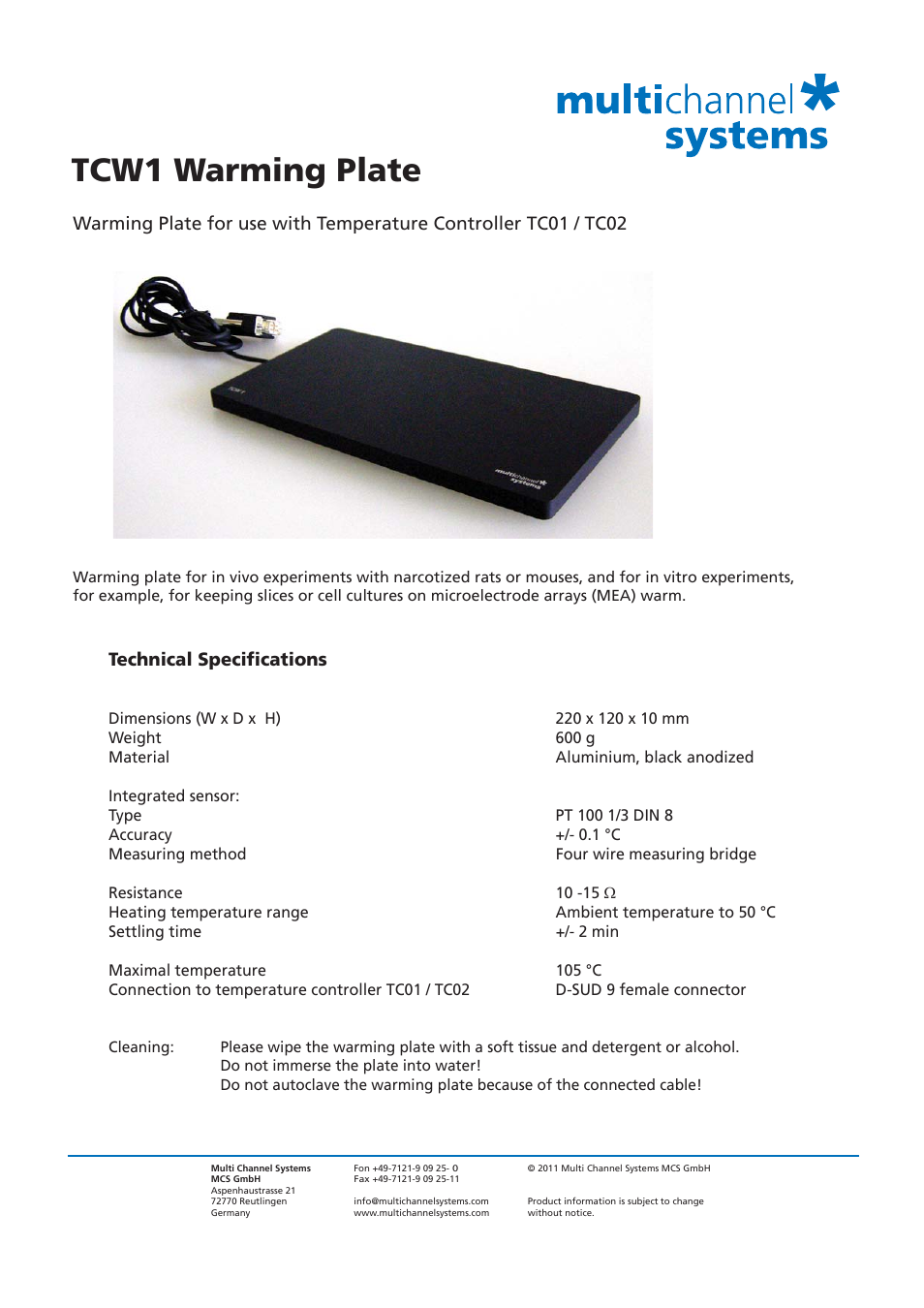 Multichannel Systems TCW1 User Manual | 1 page