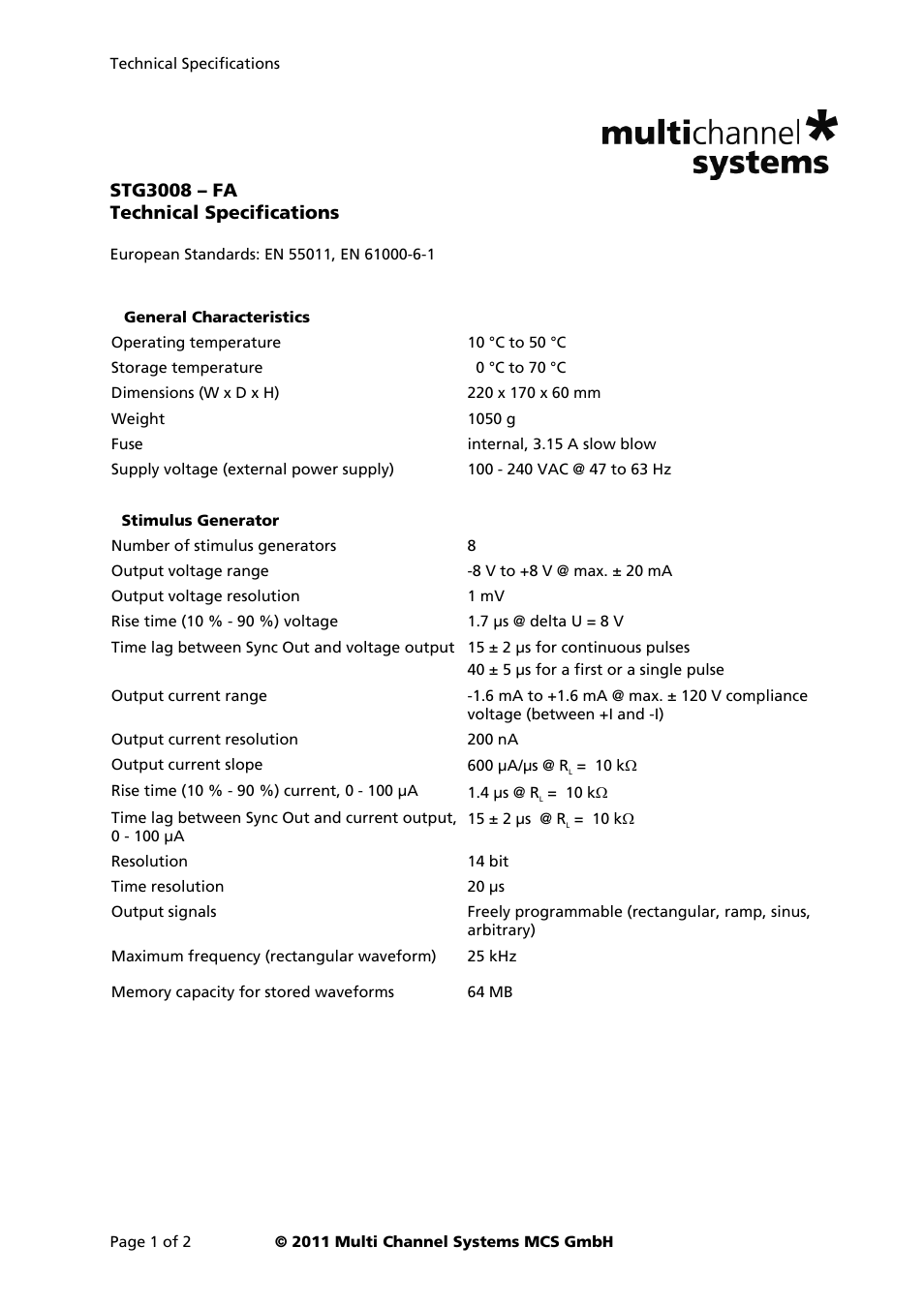 Multichannel Systems STG 3008-FA User Manual | 2 pages