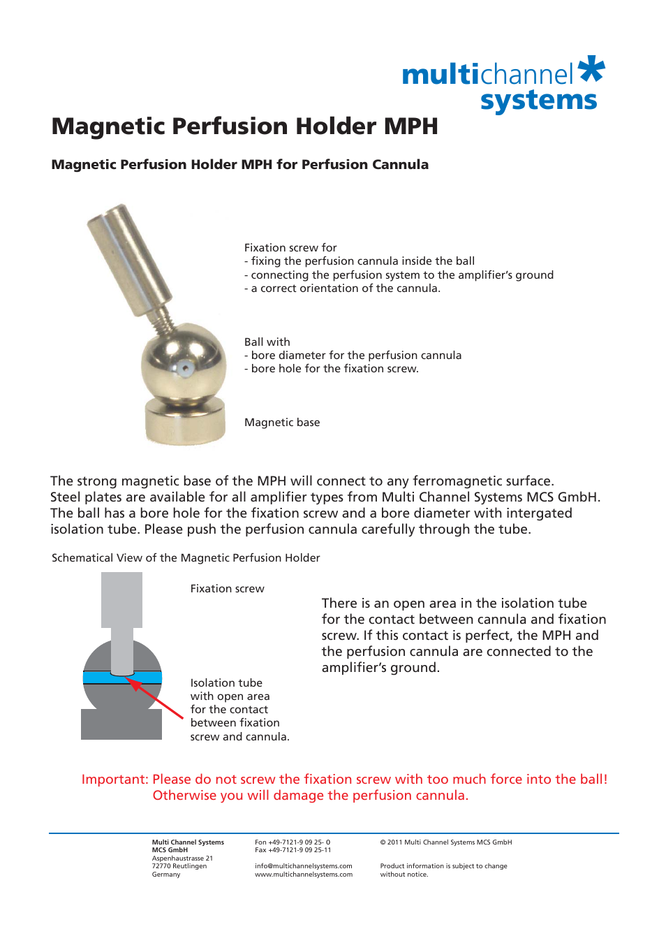 Multichannel Systems Magnetic Perfusion Holder MPH User Manual | 1 page