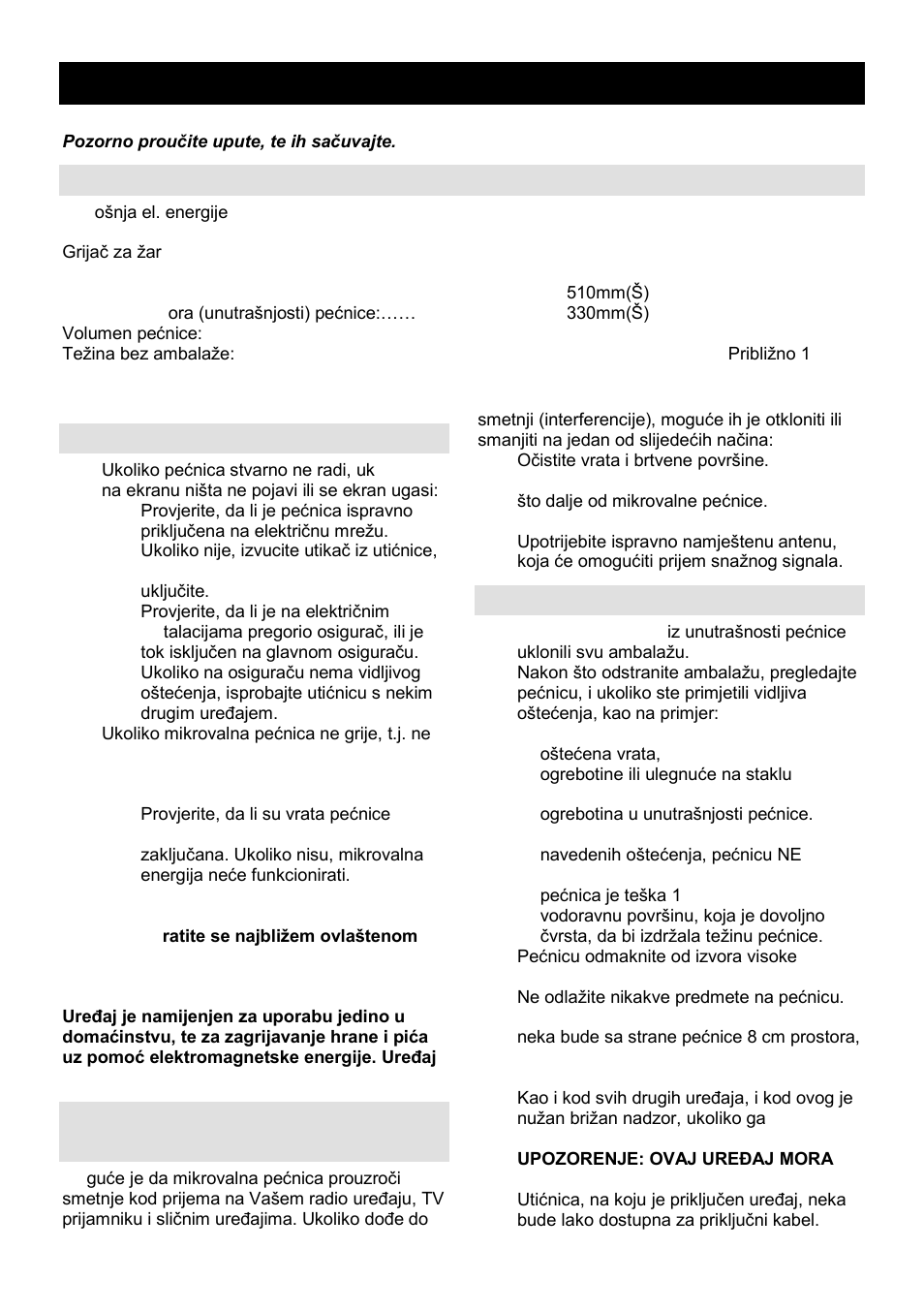 Upute za uporabu hr, Specifikacija, Prije nego pozovete servisera | Radijske smetnje (interferencija), Postavljanje | Gorenje GMO-25 DGE User Manual | Page 10 / 160