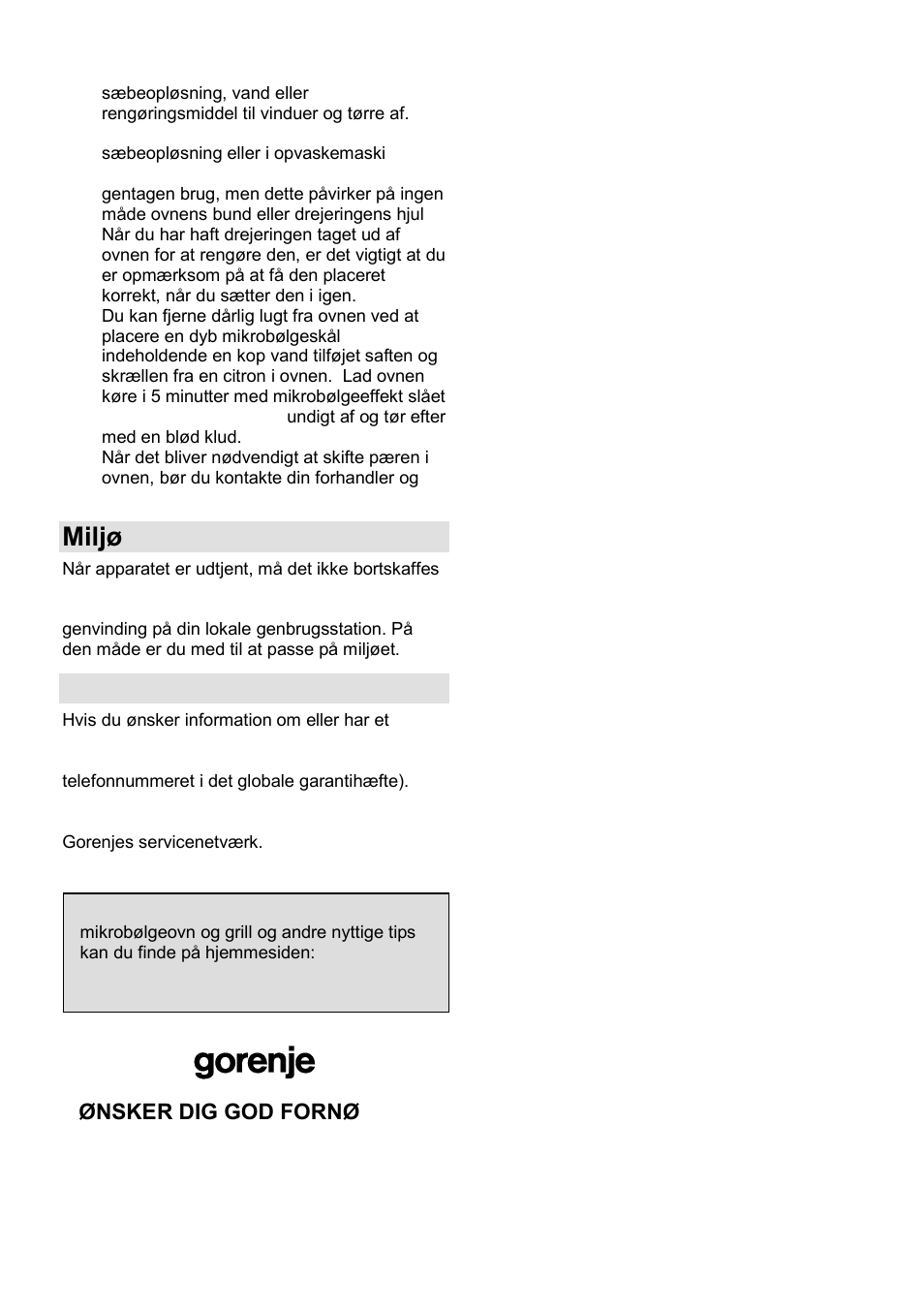 Miljø, Garanti og service | Gorenje GMO-25 DGE User Manual | Page 118 / 160