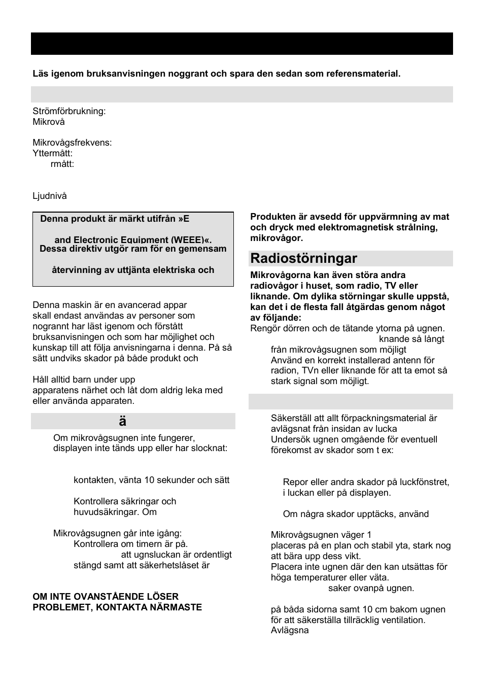 Bruksanvisning se, Tekniska specifikationer, Innan du beg är service | Radiostörningar, Installation | Gorenje GMO-25 DGE User Manual | Page 119 / 160