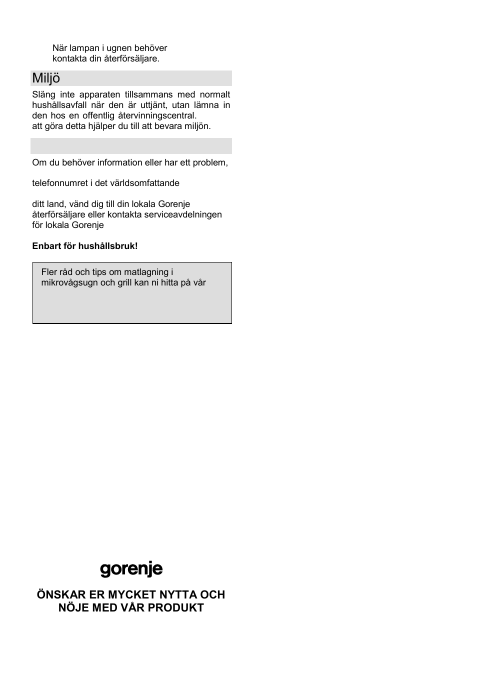 Miljö, Garanti & service | Gorenje GMO-25 DGE User Manual | Page 125 / 160