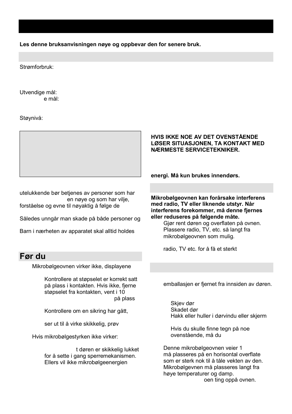 Bruksanvisning no, Spesifikasjoner, Før du ringer service | Radiointerferens, Installasjon | Gorenje GMO-25 DGE User Manual | Page 126 / 160