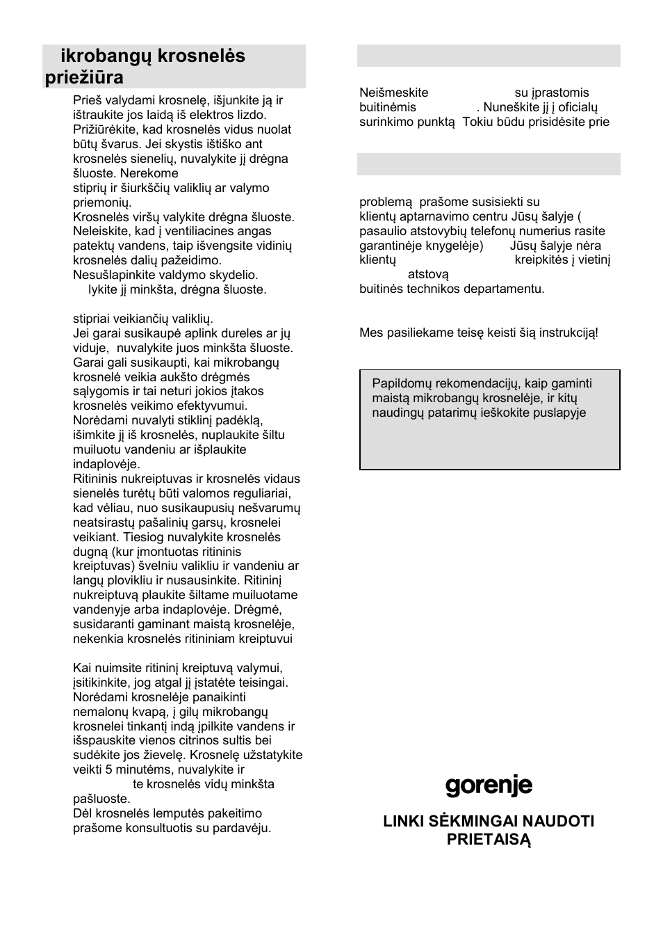 Mikrobangų krosnelės prieņiūra, Aplinka, Garantija ir aptarnavimas | Gorenje GMO-25 DGE User Manual | Page 153 / 160