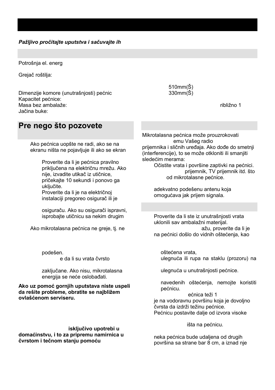 Uputstvo za upotrebu srb, mne, Specifikacije, Pre nego ńto pozovete servisera | Radio-smetnje (interferencije), Postavljanje | Gorenje GMO-25 DGE User Manual | Page 17 / 160