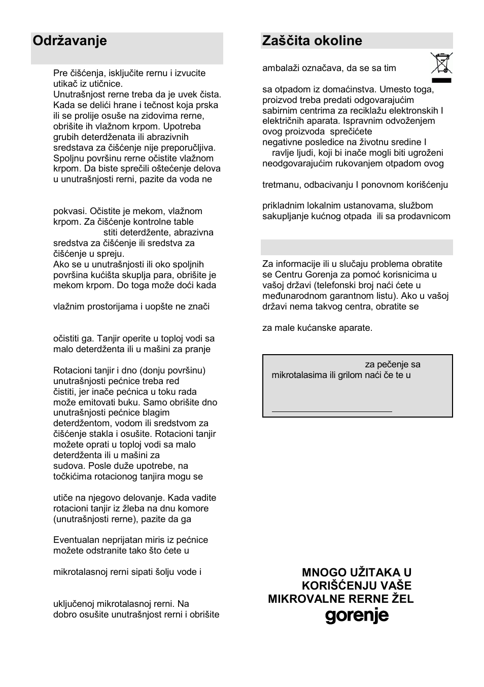 Odrņavanje mikrotalasne rerne, Zańĉita okoline, Garancija i servis | Gorenje GMO-25 DGE User Manual | Page 23 / 160
