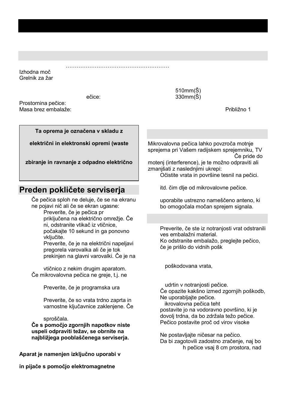 Navodila za uporabo si, Specifikacije, Preden pokliĉete serviserja | Radijske motnje (interference), Namestitev | Gorenje GMO-25 DGE User Manual | Page 3 / 160