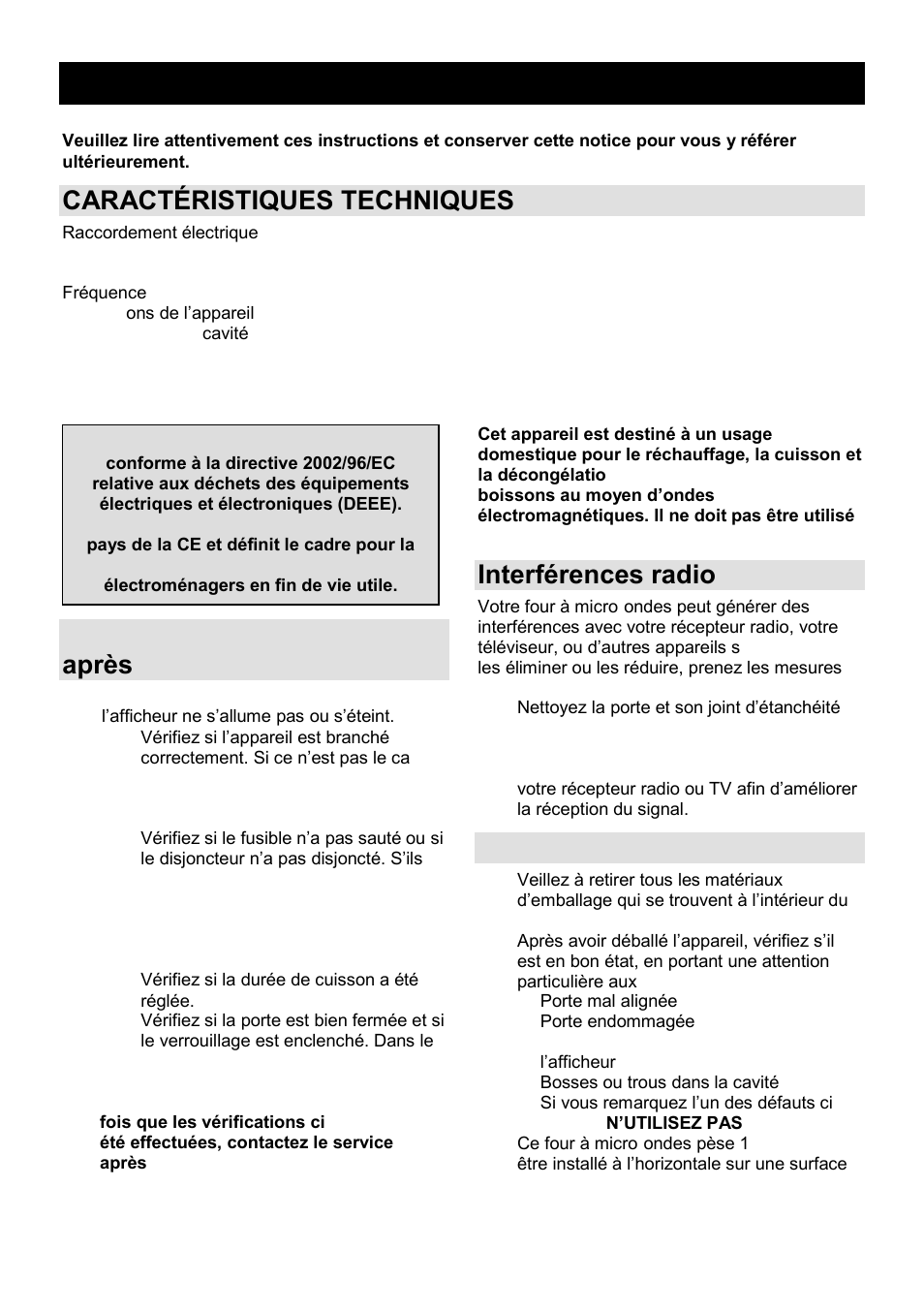 Notice d'utilisation fr, Caractéristiques techniques, Avant de contacter le service après-vente | Interférences radio, Installation | Gorenje GMO-25 DGE User Manual | Page 47 / 160