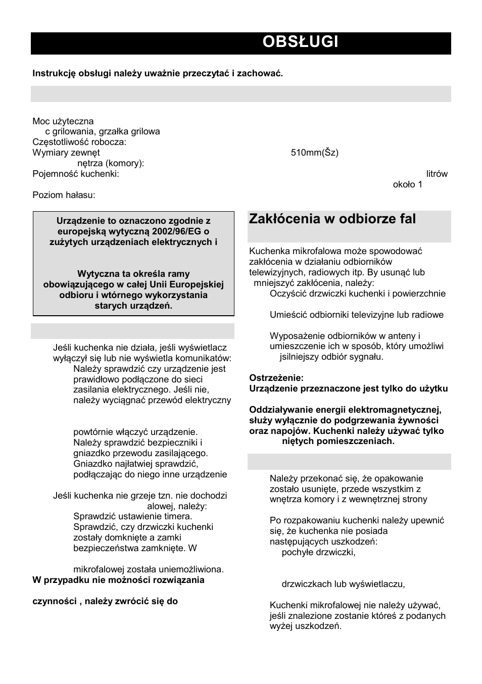 Instrukcja obsługi pl, Charakterystyki techniczne, Przed wezwaniem serwisu | Zakłócenia w odbiorze fal radiowych i elewizyjnych, Instalacja | Gorenje GMO-25 DGE User Manual | Page 61 / 160
