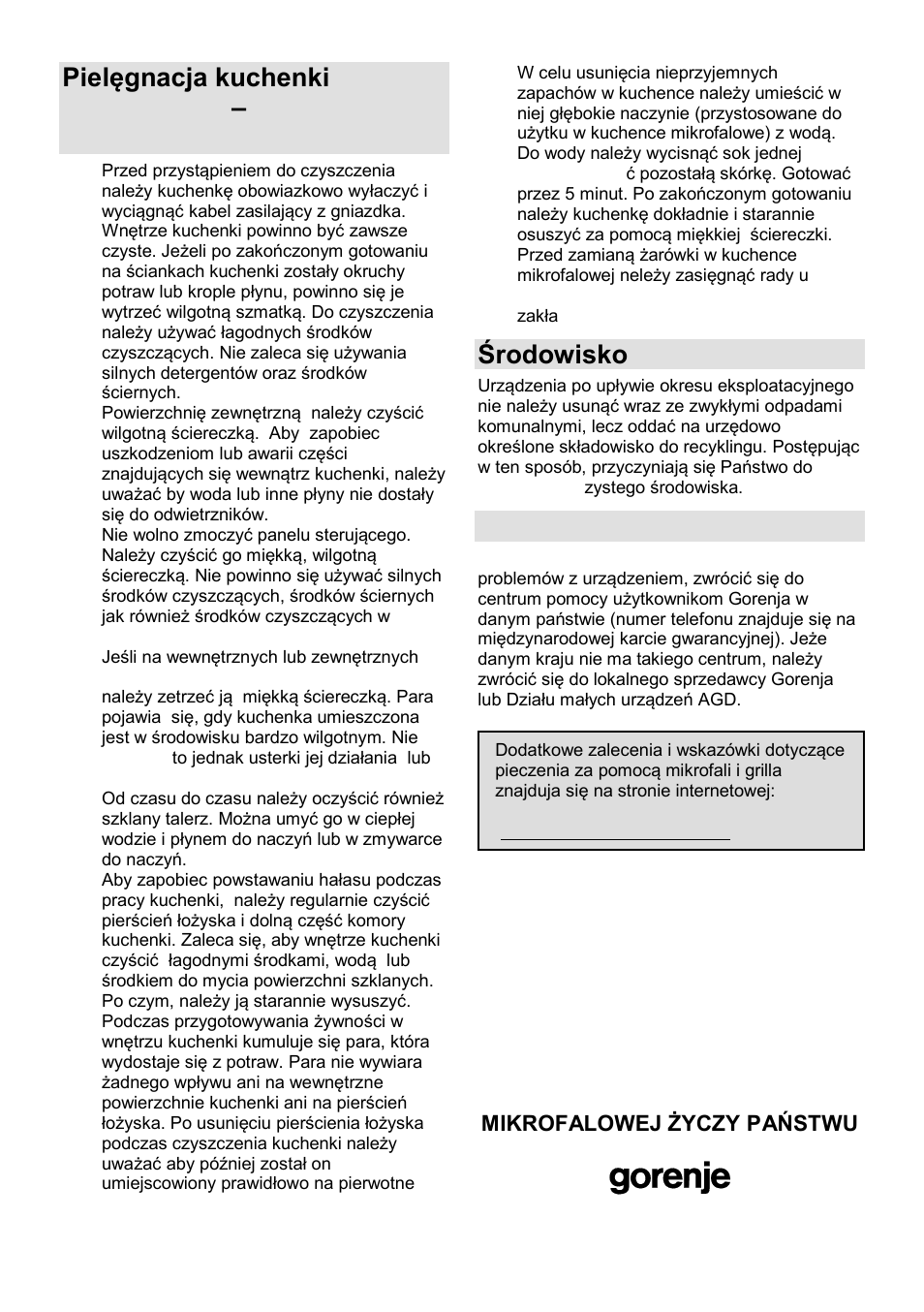 Środowisko, Gwarancja i serwis naprawczy | Gorenje GMO-25 DGE User Manual | Page 68 / 160