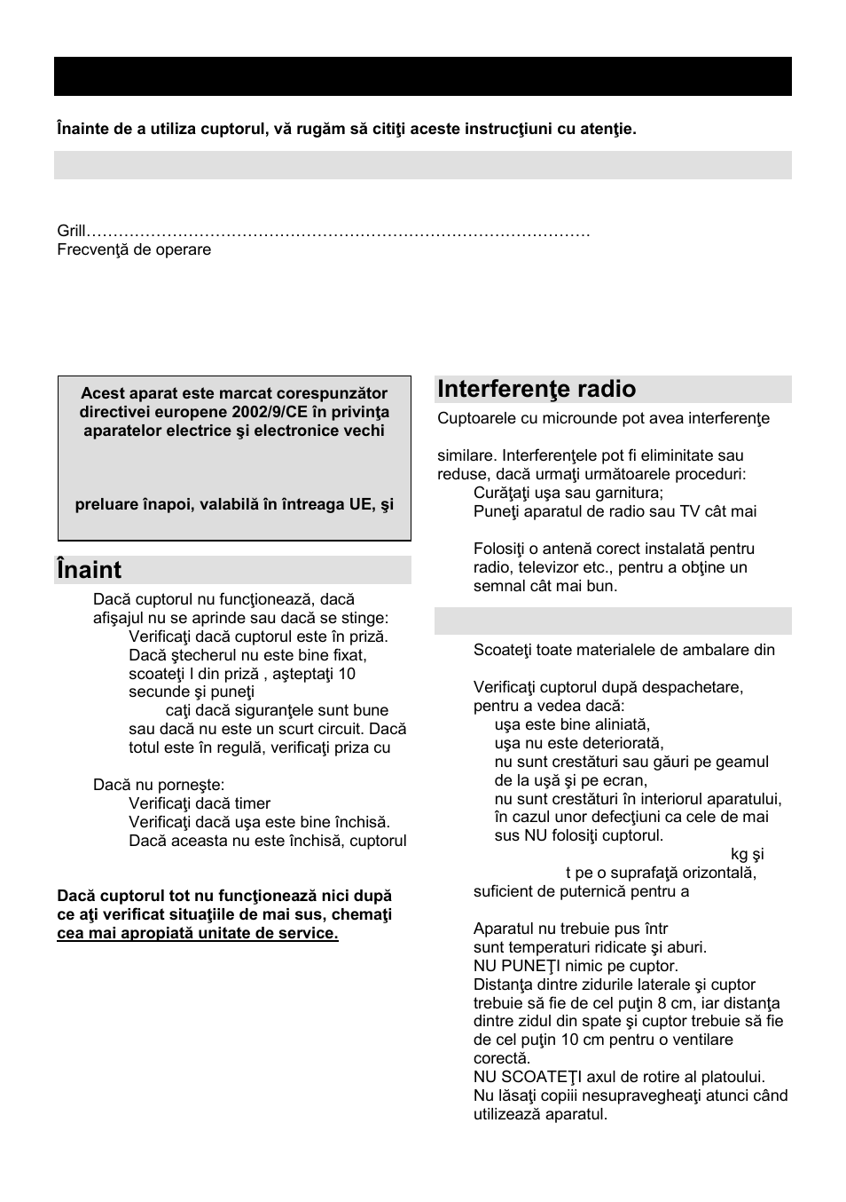 Manual de utilizare ro, Caracteristici, Înainte de a suna la service | Interferenŝe radio, Instalare | Gorenje GMO-25 DGE User Manual | Page 69 / 160