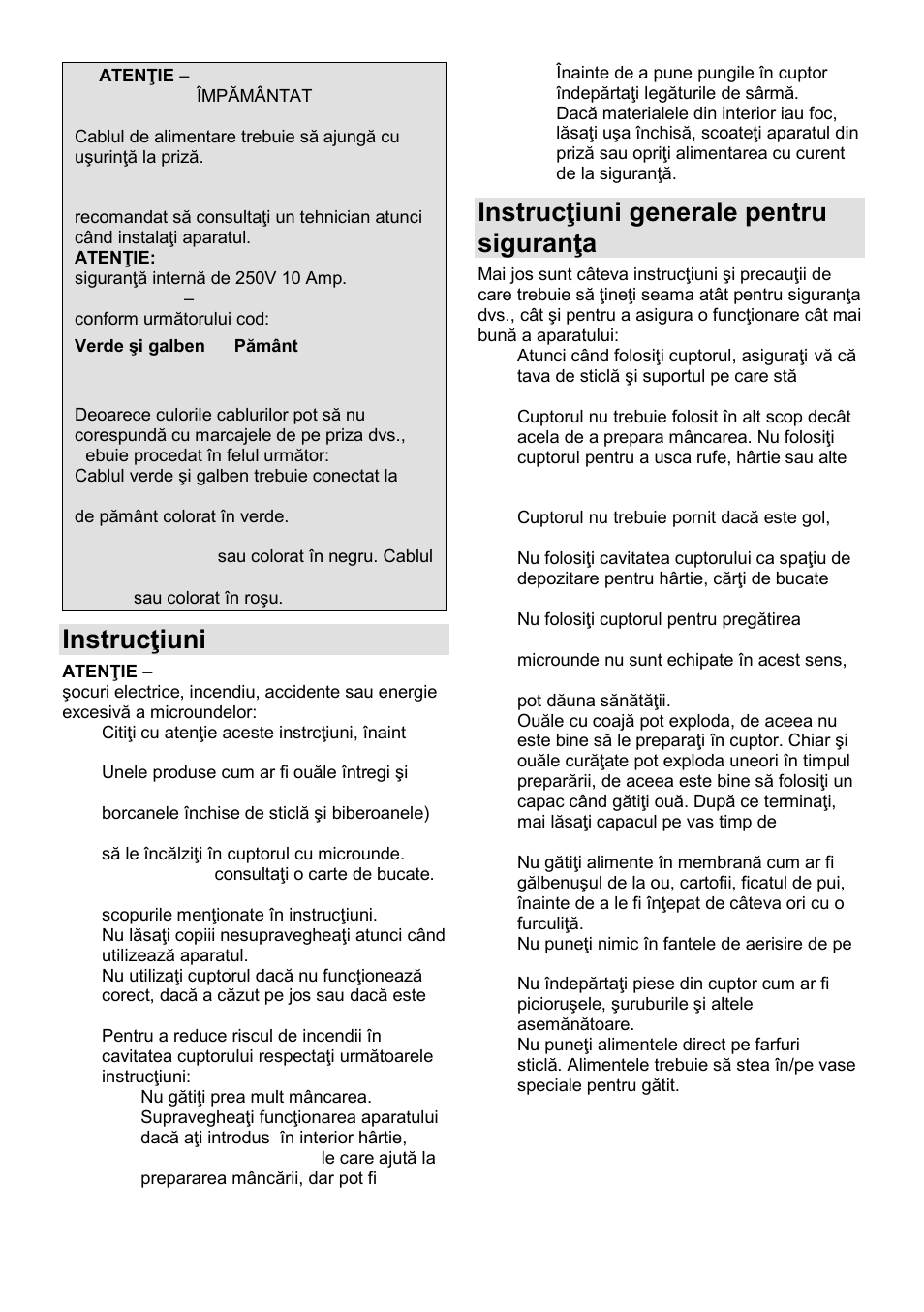 Instrucŝiuni importante, Instrucŝiuni generale pentru siguranŝa dvs | Gorenje GMO-25 DGE User Manual | Page 70 / 160