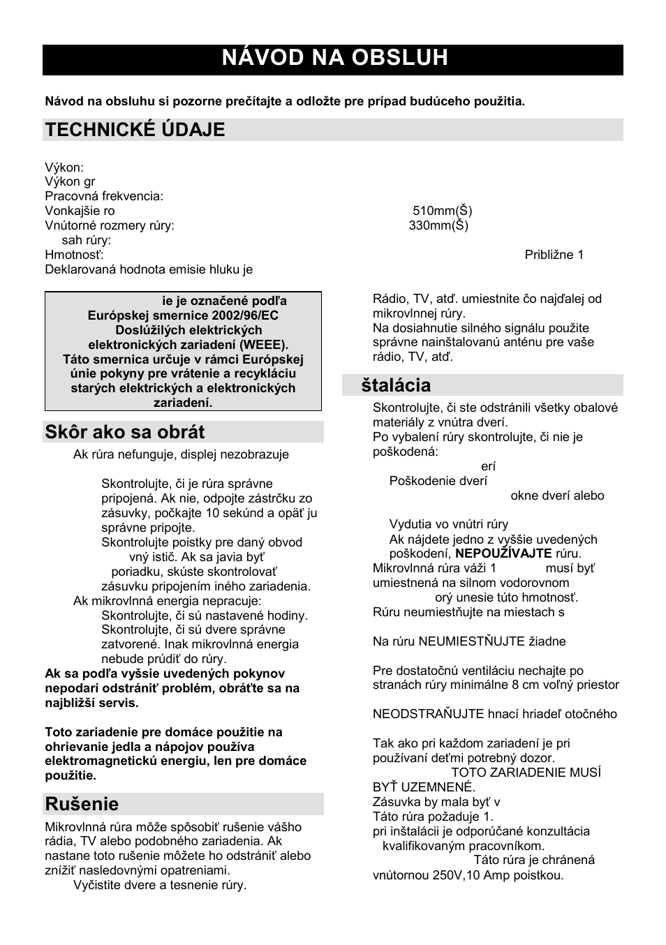 Návod na obsluhu sk, Technické údaje, Skôr ako sa obrátite na servis | Ruńenie | Gorenje GMO-25 DGE User Manual | Page 76 / 160