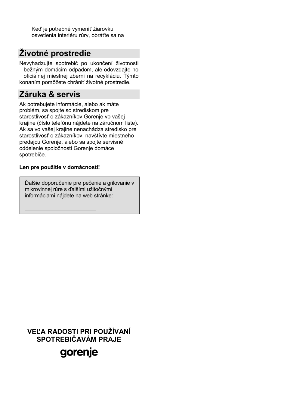 Ņivotné prostredie, Záruka & servis | Gorenje GMO-25 DGE User Manual | Page 82 / 160