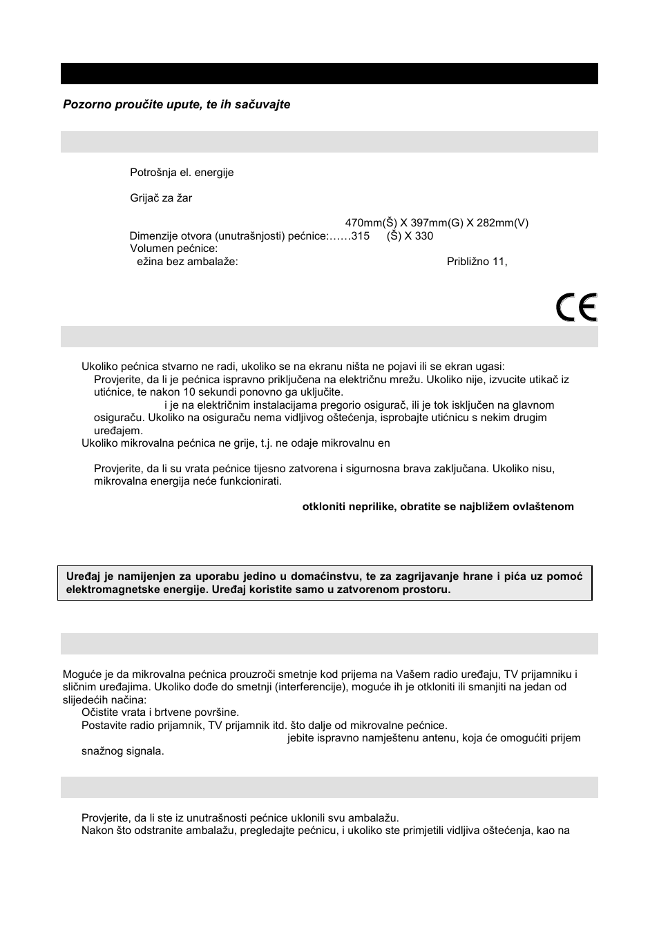 Upute za uporabu hr, Specifikacija, Prije nego pozovete servisera | Radijske smetnje (interferencija), Postavljanje | Gorenje GMO-20 DGW User Manual | Page 10 / 148