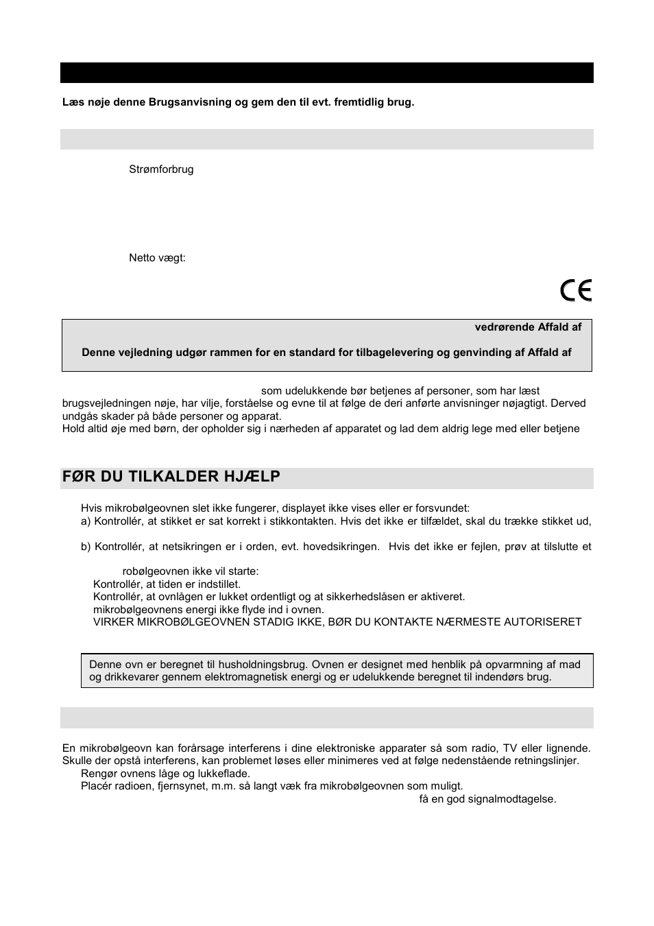 Brugsanvisning dk, Tekniske data, Før du tilkalder hjælp | Interference i radioudstyr | Gorenje GMO-20 DGW User Manual | Page 107 / 148
