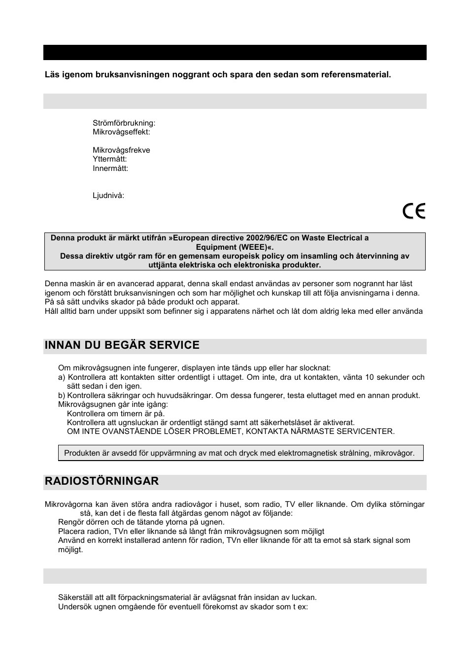 Bruksanvisning se, Tekniska specifikationer, Innan du begär service | Radiostörningar, Installation | Gorenje GMO-20 DGW User Manual | Page 113 / 148