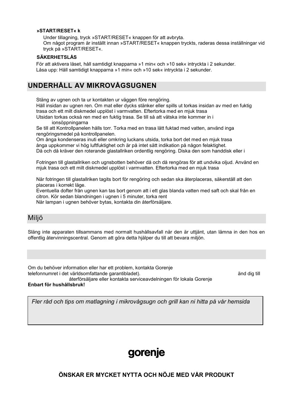 Underhåll av mikrovågsugnen, Miljö, Garanti & service | Gorenje GMO-20 DGW User Manual | Page 118 / 148