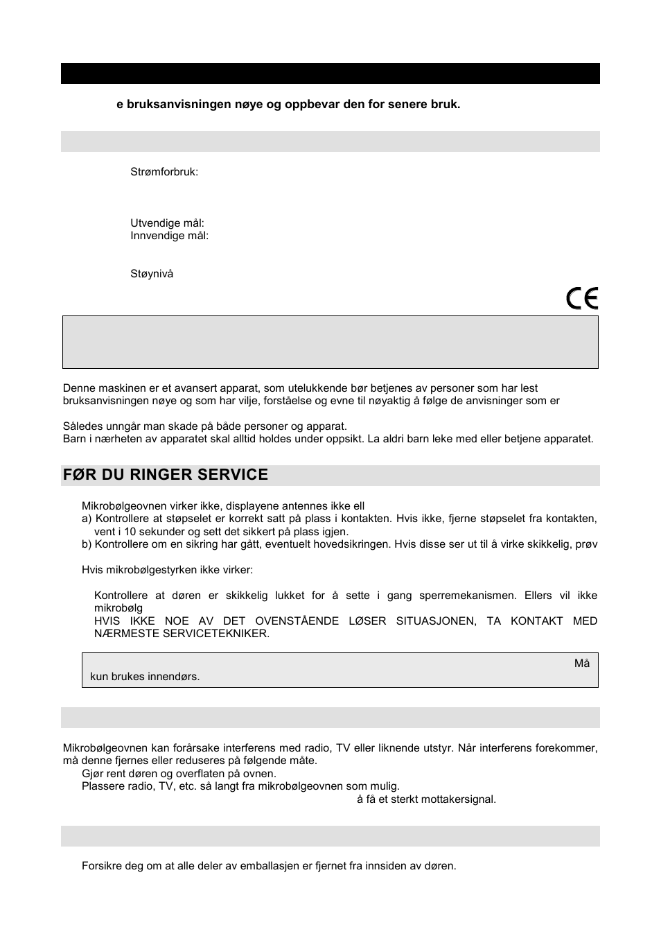 Bruksanvisning no, Spesifikasjoner, Før du ringer service | Radiointerferens, Installasjon | Gorenje GMO-20 DGW User Manual | Page 119 / 148