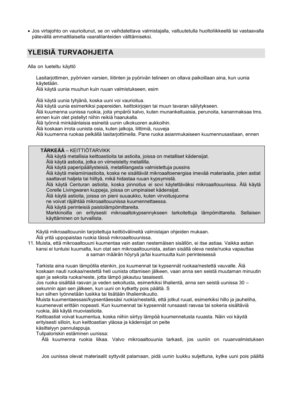 Yleisiä turvaohjeita | Gorenje GMO-20 DGW User Manual | Page 127 / 148