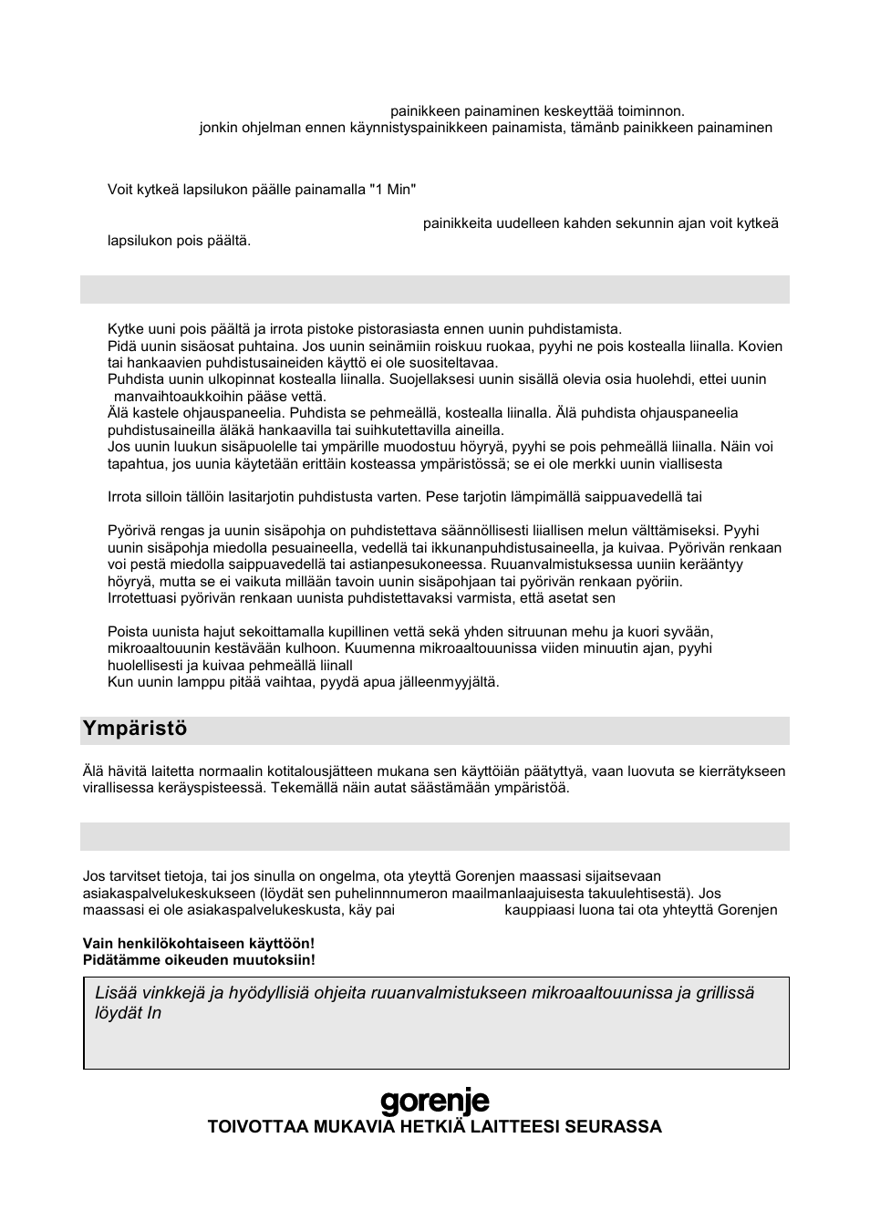 Mikroaaltouunin huolto, Ympäristö, Takuu ja huolto | Gorenje GMO-20 DGW User Manual | Page 130 / 148