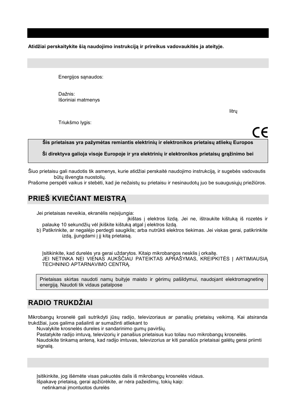 Naudojimo instrukcija lt, Techniniai duomenys, Prień kvieţiant meistrą | Radio trukdņiai, Montavimas | Gorenje GMO-20 DGW User Manual | Page 137 / 148