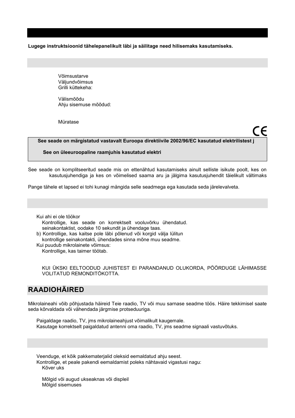 Kasutusjuhend ee, Tehnilised andmed, Enne hooldusesse helistamist | Raadiohäired, Paigaldamine | Gorenje GMO-20 DGW User Manual | Page 143 / 148