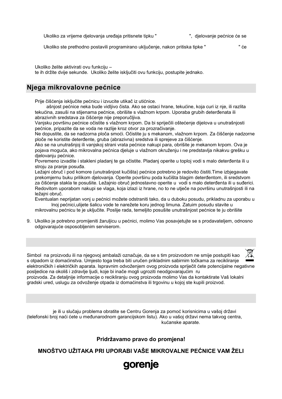 Njega mikrovalovne pešnice, Okolina, Garancija i servis | Gorenje GMO-20 DGW User Manual | Page 15 / 148