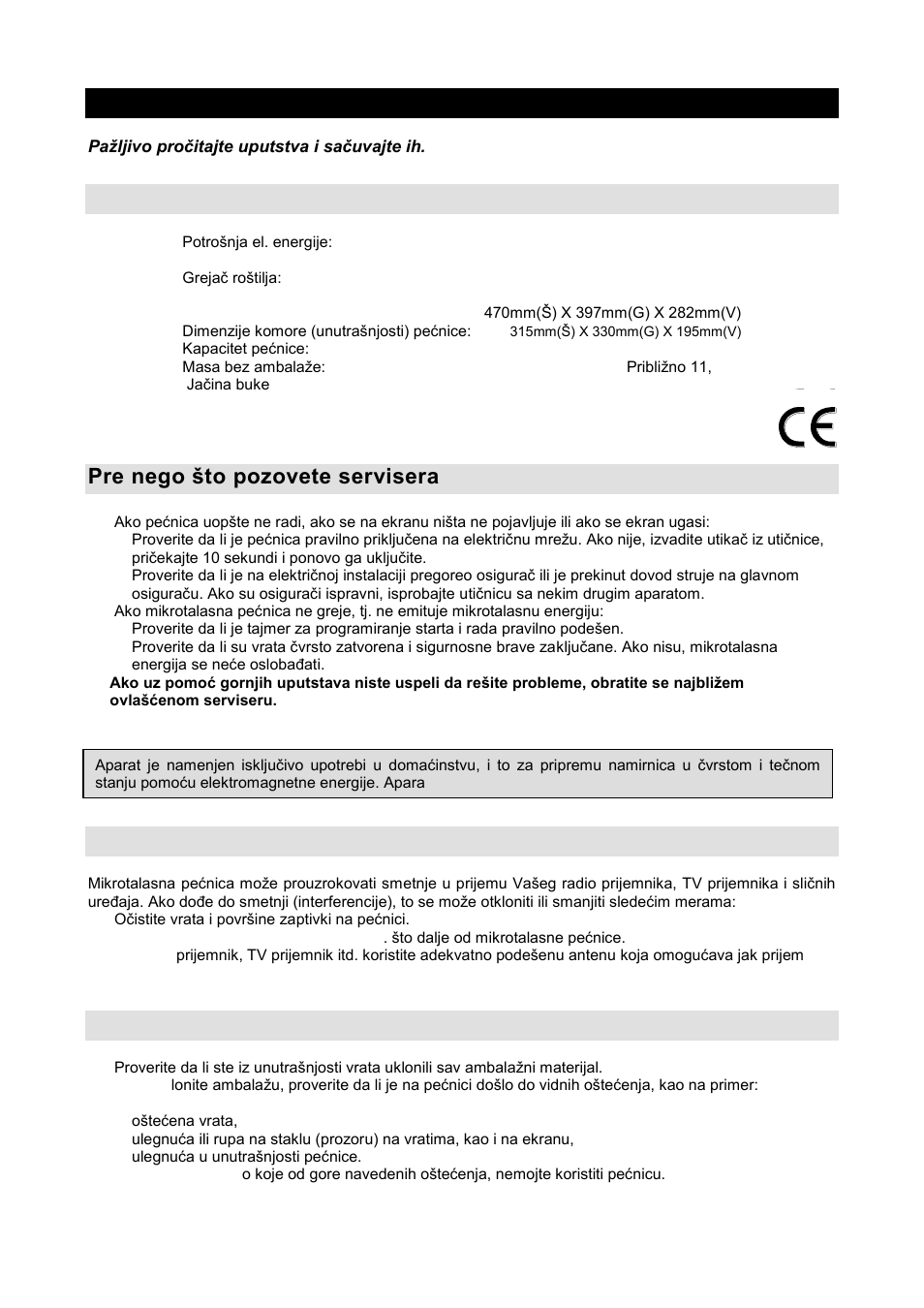 Uputstvo za upotrebu srb mne, Specifikacije, Pre nego ńto pozovete servisera | Radio-smetnje (interferencije), Postavljanje | Gorenje GMO-20 DGW User Manual | Page 16 / 148