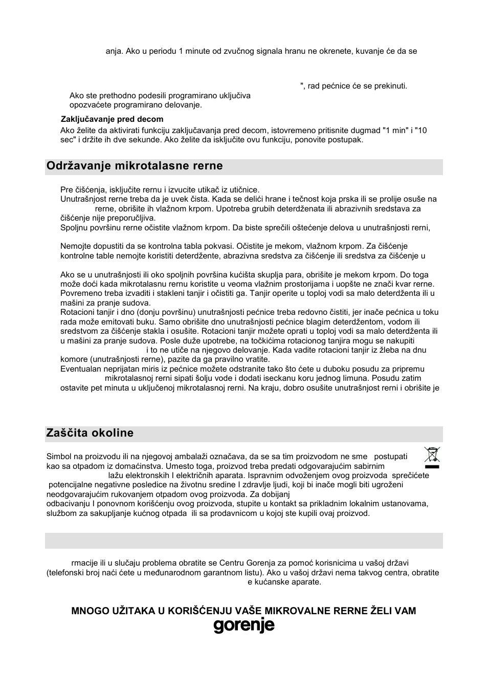 Odrņavanje mikrotalasne rerne, Zańţita okoline, Garancija i servis | Gorenje GMO-20 DGW User Manual | Page 21 / 148