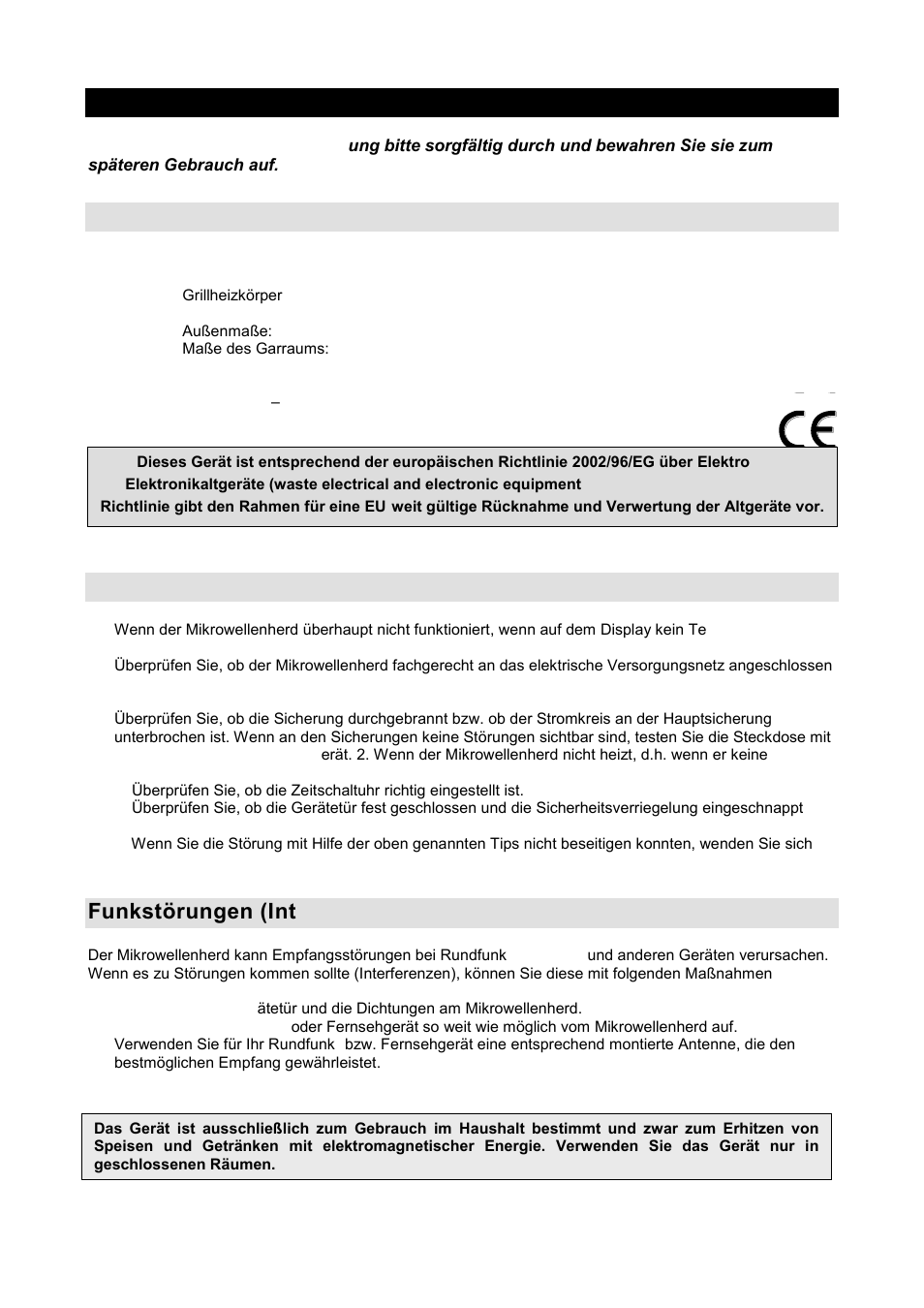 Gebrauchsanweisung de, Technische daten, Bevor sie den kundendienst anrufen | Funkstörungen (interferenzen) | Gorenje GMO-20 DGW User Manual | Page 35 / 148