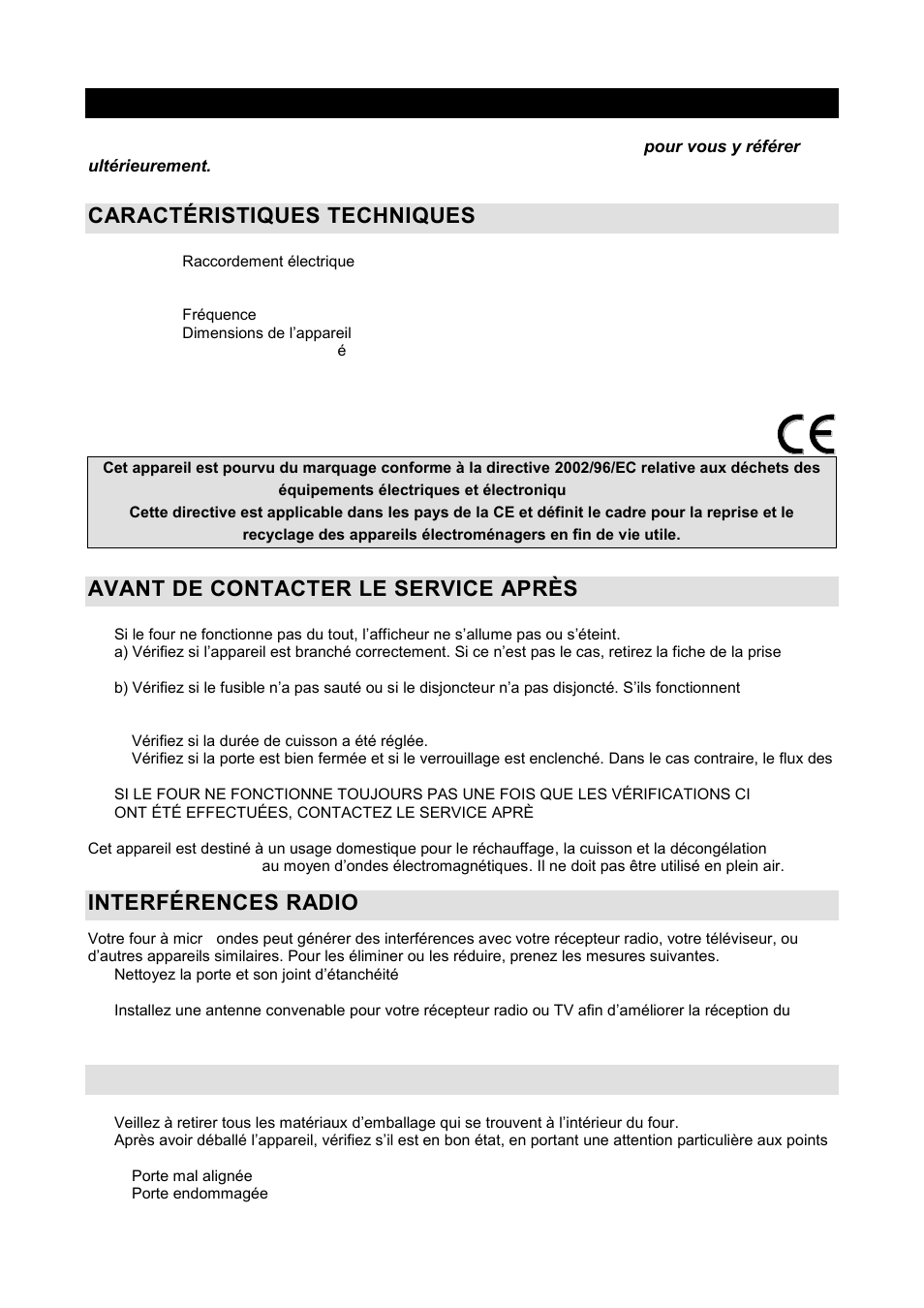 Notice d'utilisation fr, Caractçristiques techniques, Avant de contacter le service après-vente | Interfçrences radio, Installation | Gorenje GMO-20 DGW User Manual | Page 42 / 148