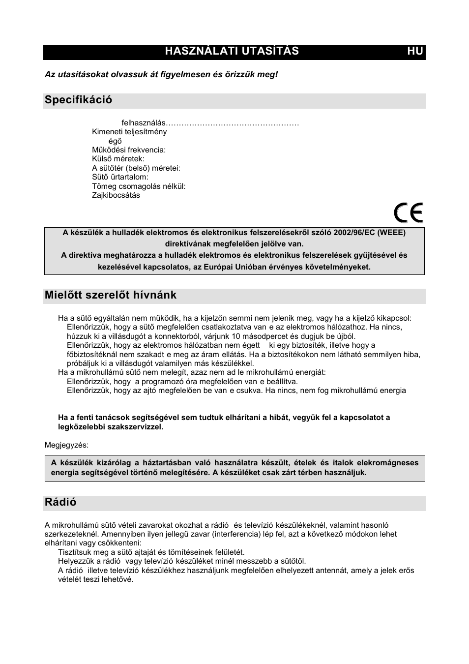 Használati utasítás hu, Specifikáció, Mielňtt szerelňt hívnánk | Rádió-zavarok (interferencia) | Gorenje GMO-20 DGW User Manual | Page 49 / 148
