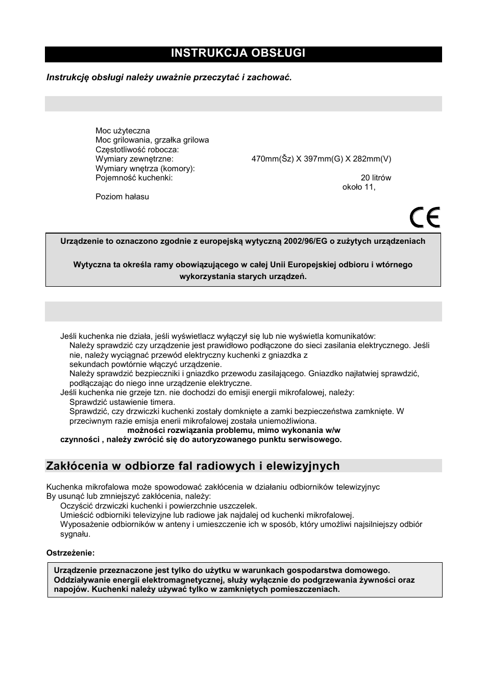 Instrukcja obsługi pl, Charakterystyki techniczne, Przed wezwaniem serwisu | Zakłócenia w odbiorze fal radiowych i elewizyjnych | Gorenje GMO-20 DGW User Manual | Page 56 / 148