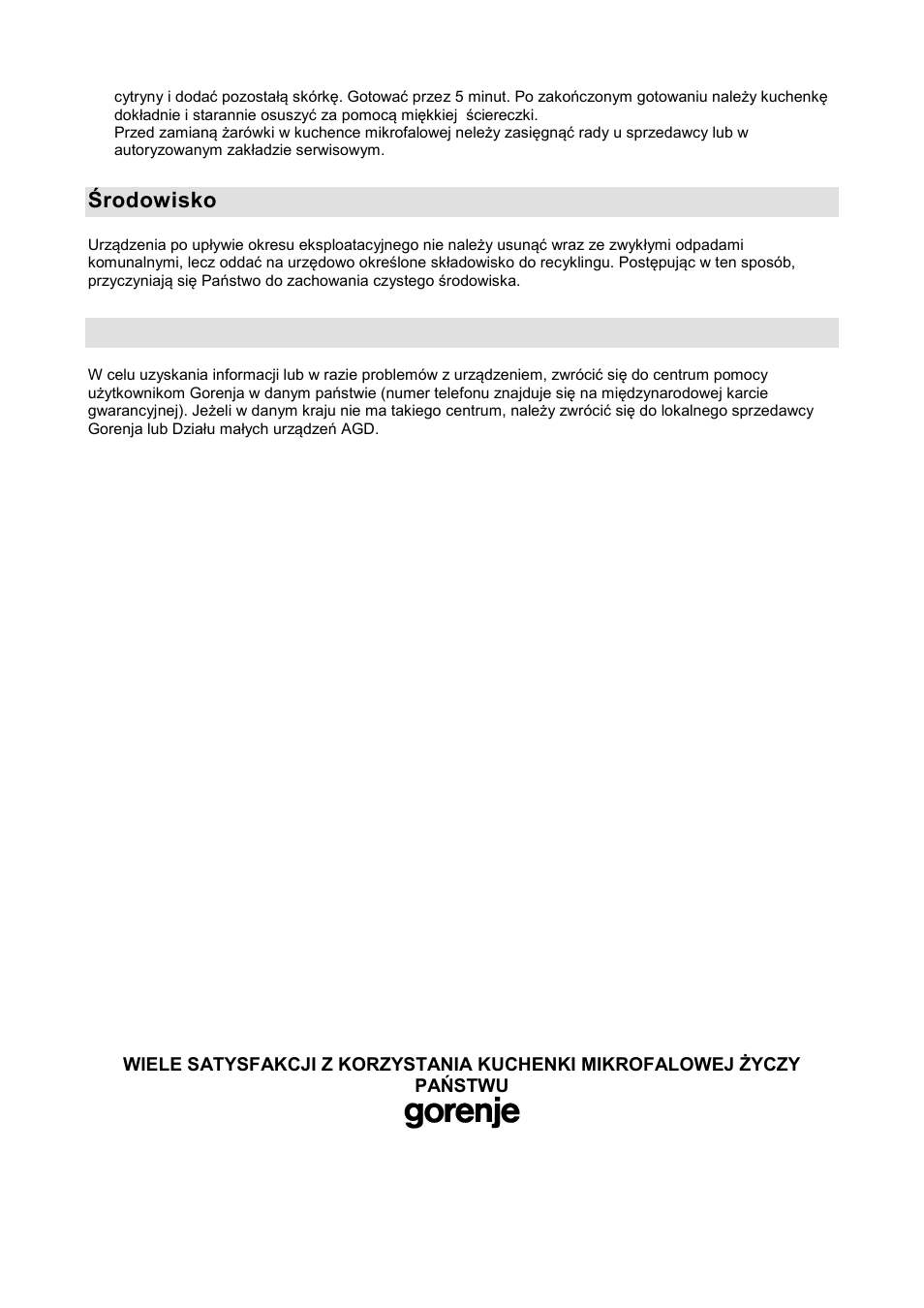 Środowisko, Gwarancja i serwis naprawczy | Gorenje GMO-20 DGW User Manual | Page 62 / 148