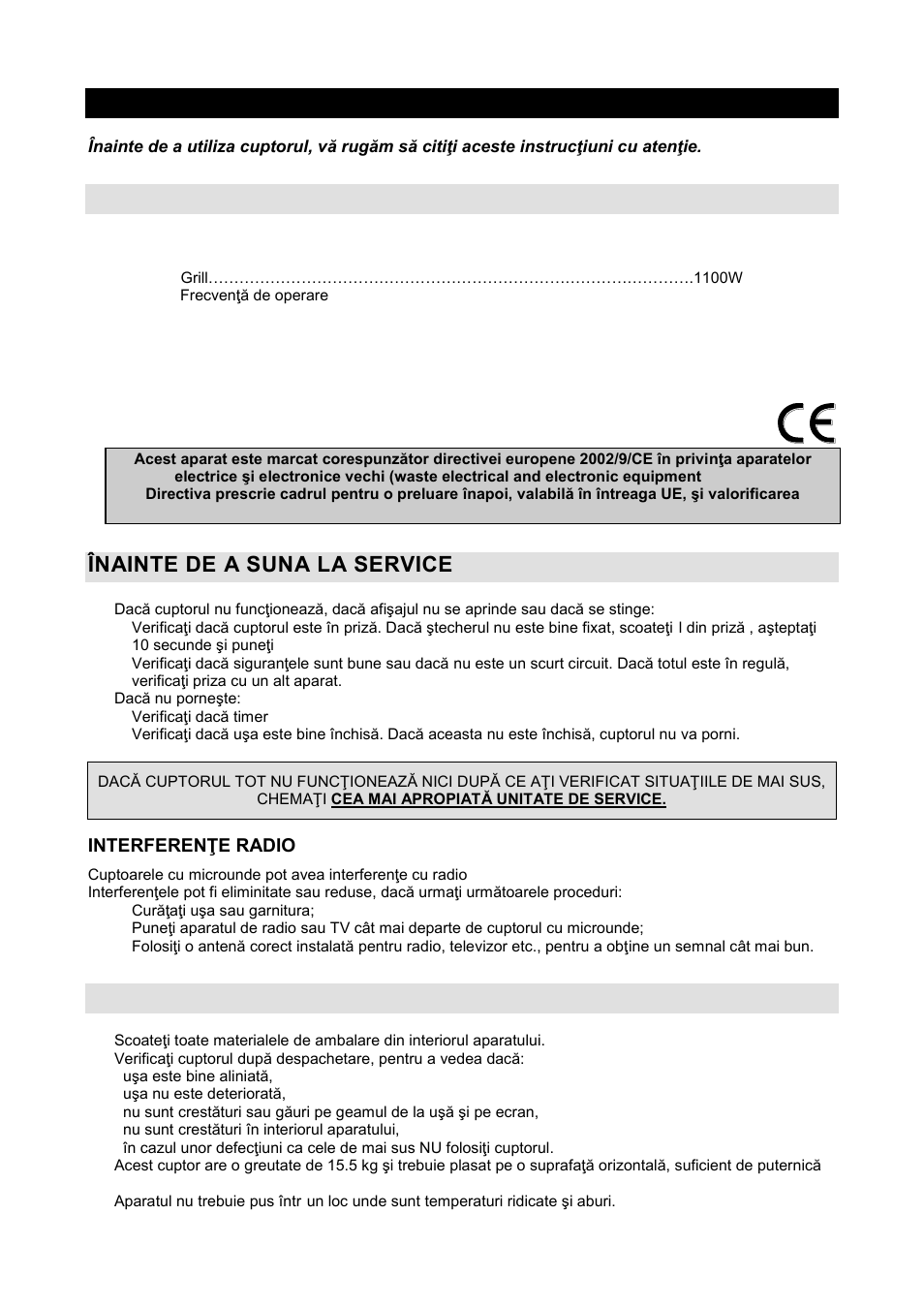 Manual de utilizare ro, Caracteristici, Înainte de a suna la service | Instalare, Interferenŝe radio | Gorenje GMO-20 DGW User Manual | Page 63 / 148