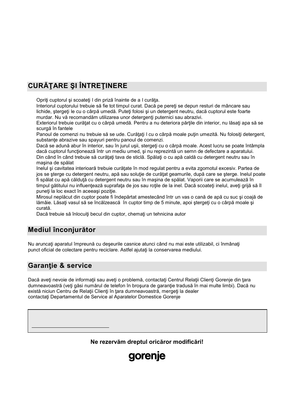 Curăŝare şi întreŝinere, Mediul înconjurător, Garanŝie & service | Gorenje GMO-20 DGW User Manual | Page 68 / 148