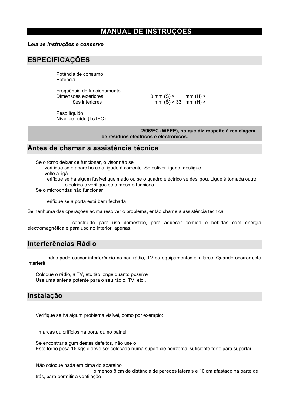 Manual de instruæões pt, Especificaæões, Antes de chamar a assistência técnica | Interferências rádio, Instalação | Gorenje GMO-20 DGW User Manual | Page 69 / 148