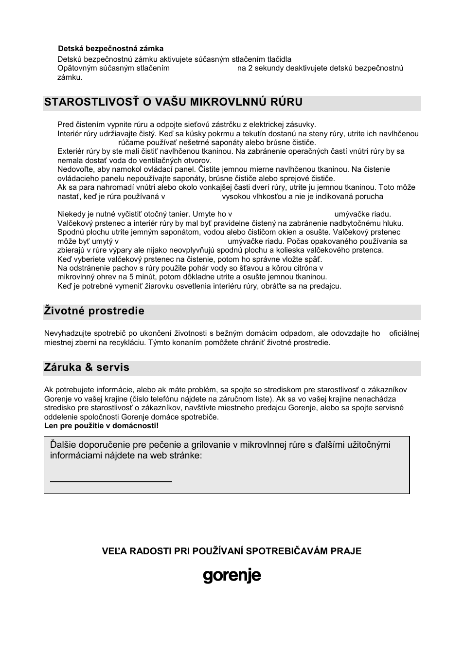 Starostlivosş o vańu mikrovlnnú rúru, Ņivotné prostredie, Záruka & servis | Gorenje GMO-20 DGW User Manual | Page 80 / 148