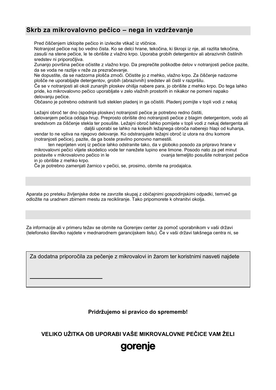Skrb za mikrovalovno peţico – nega in vzdrņevanje, Okolje, Garancija in servis | Gorenje GMO-20 DGW User Manual | Page 9 / 148