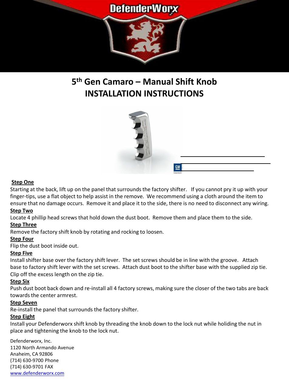 DefenderWorx Camaro Manual Shifter User Manual | 1 page