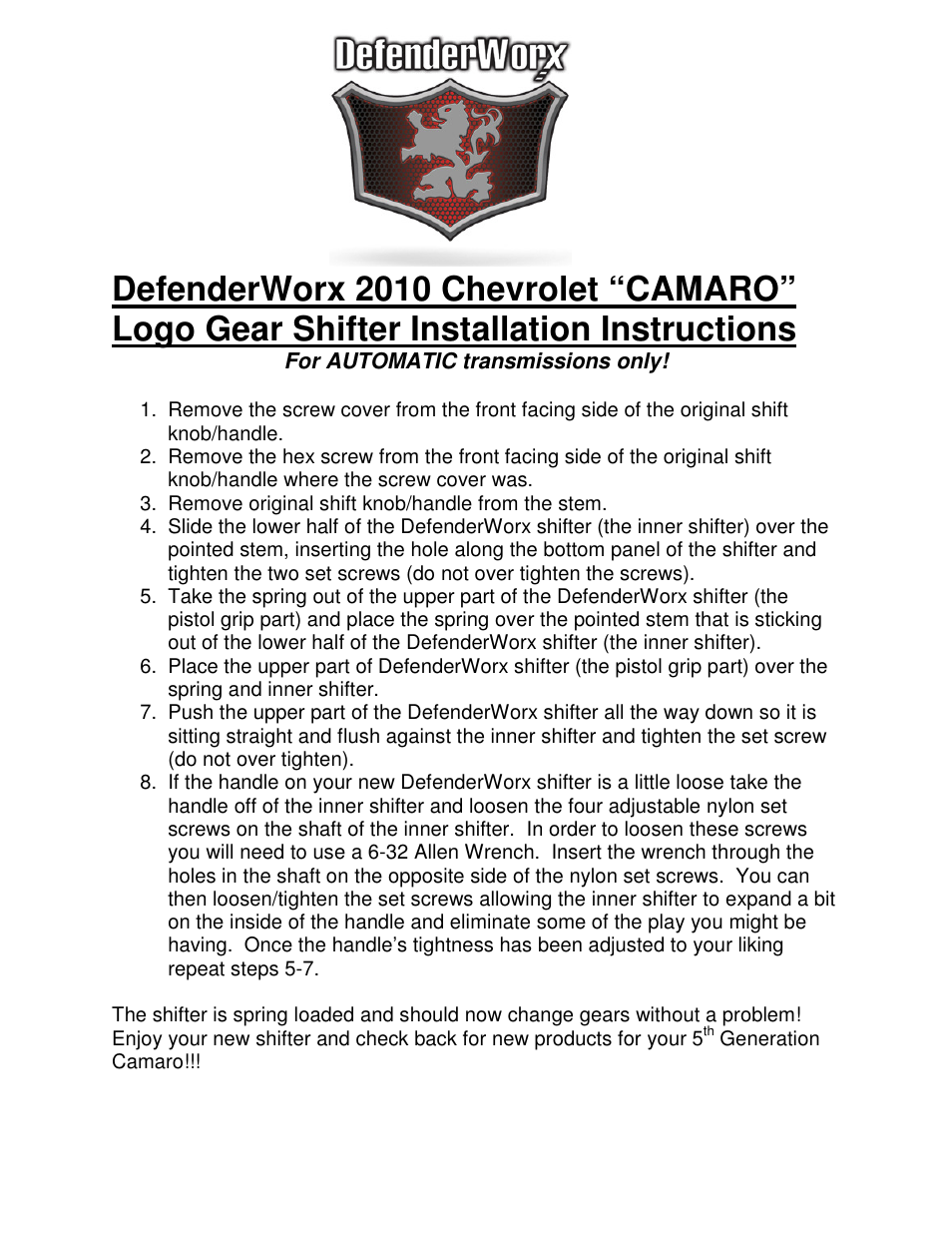 DefenderWorx Camaro Automatic Gear Shifter User Manual | 1 page