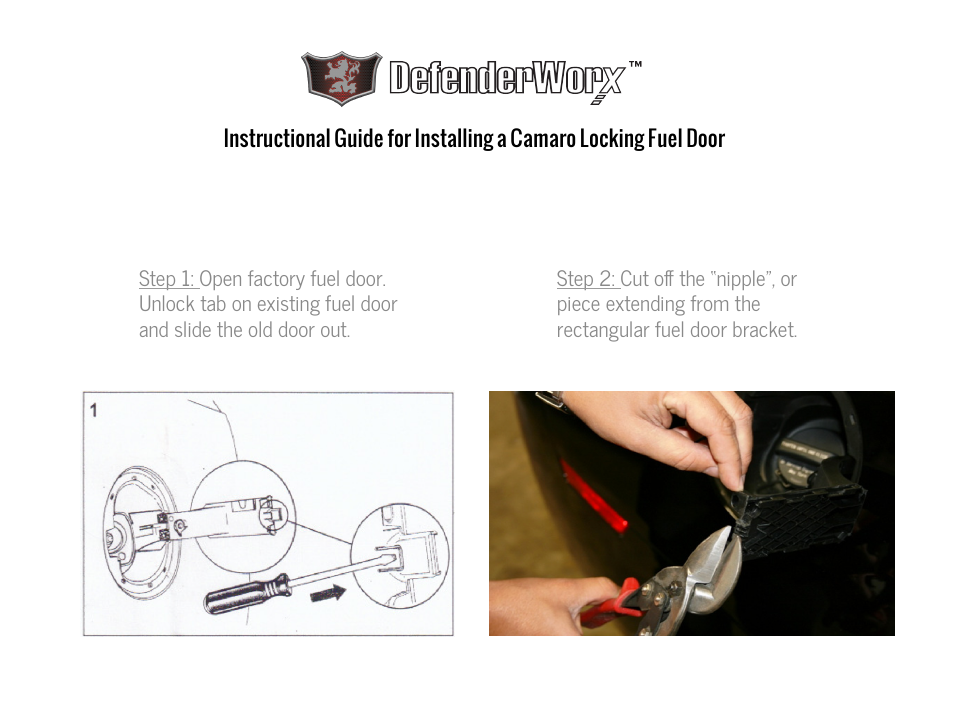 DefenderWorx Camaro Logo Locking Fuel Door User Manual | 5 pages