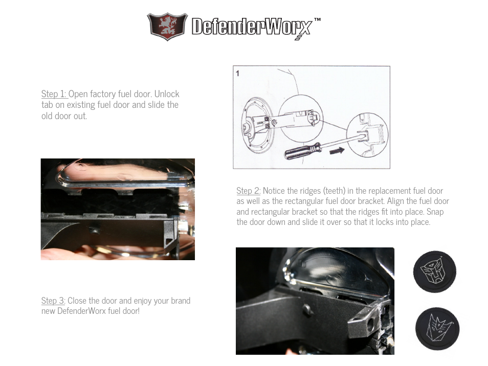 DefenderWorx Camaro Non-Locking Fuel Door User Manual | 1 page