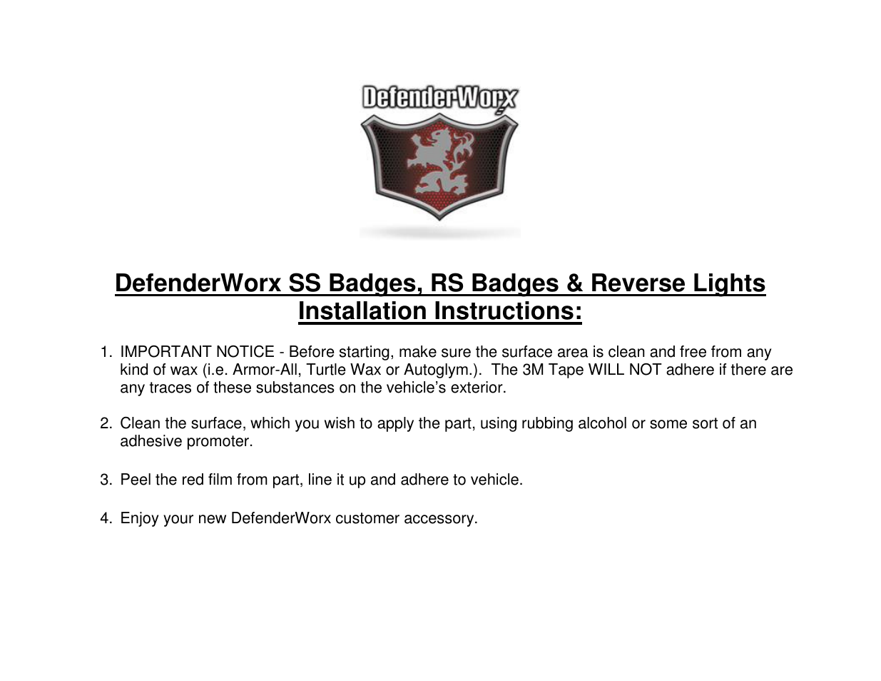 DefenderWorx Camaro Reverse Light Surrounds User Manual | 1 page